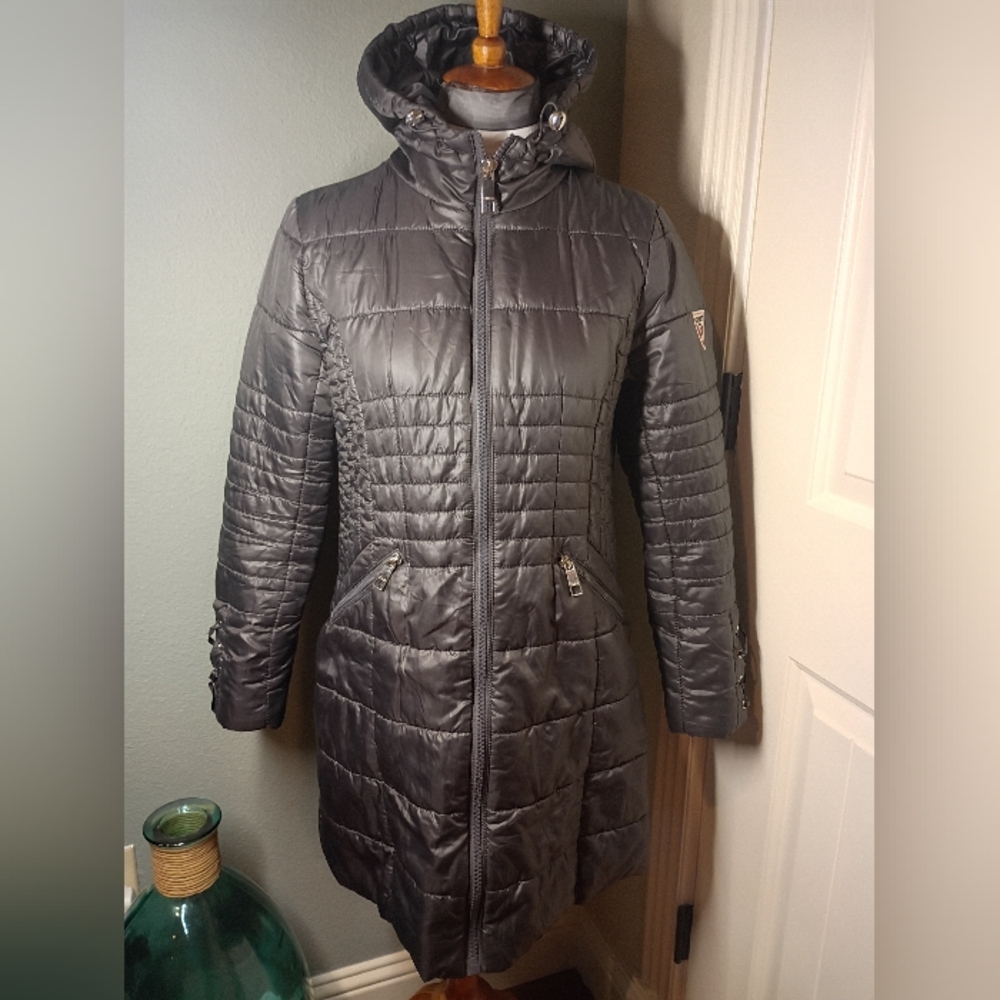 Guess Long Black Puffer Coat W/ Hood - New - Small